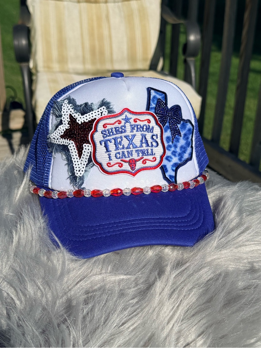 Red Blue and White 'She's From Texas I Can Tell' Beaded Trucker Hat